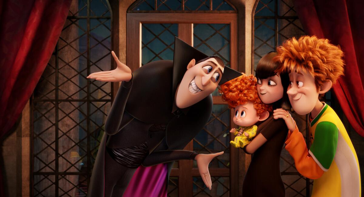 In this image released by Sony Pictures Animation, from left, Dracula, voiced by Adam Sandler, Dennis, voiced by Asher Blinkoff, Mavis, voiced by Selena Gomez, and Jonathan, voiced by Andy Samberg appear in a scene from Columbia Pictures and Sony Pictures Animation's "Hotel Transylvania 2."