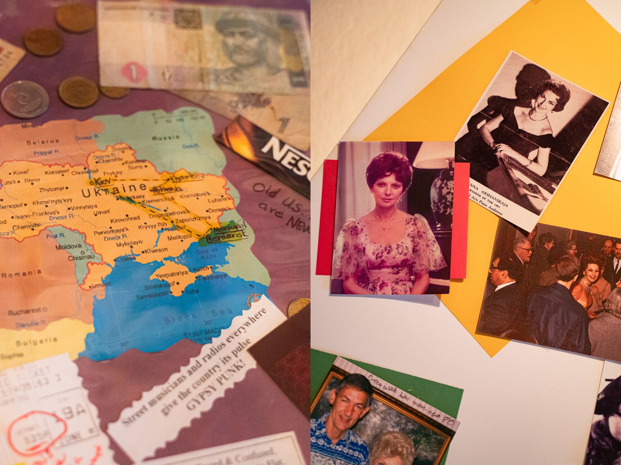 Two photos side by side, one showing scrapbook memorabilia and a map of Ukraine, the other showing old photos of a woman.