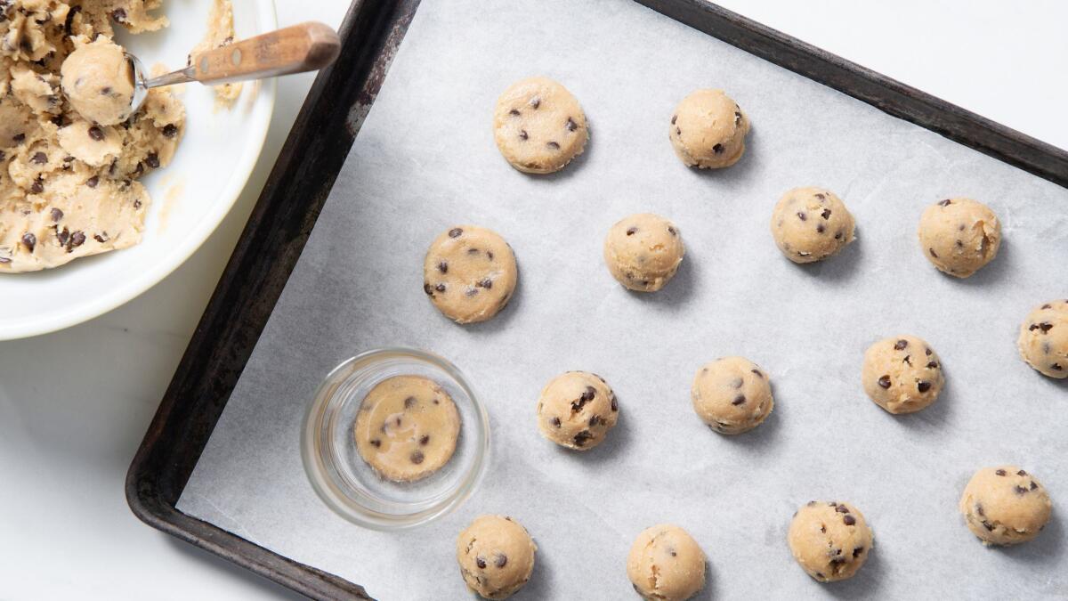 LOS ANGELES, CA-June 6, 2019: Erin McKenna's Chocolate Chip Cookies in process, cooked and styled by Genevieve Ko, prop styled by Joni Noe, on Thursday, June 6, 2019. (Mariah Tauger / Los Angeles Times)