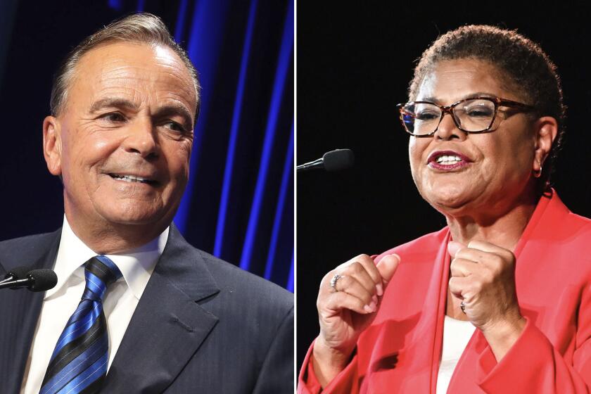 Left, Rick Caruso addresses election attendees at The Grove. Right, Karen Bass addresses election night attendees at the Hollywood Palladium.