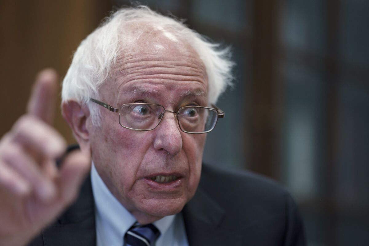 Sen. Bernie Sanders, I-Vt., outlines his priorities during an interview with The Associated Press in his Capitol Hill office, in Washington, Feb. 7, 2023. Sanders is chair of the Outreach Committee in the Senate Democratic Caucus. (AP Photo/J. Scott Applewhite)