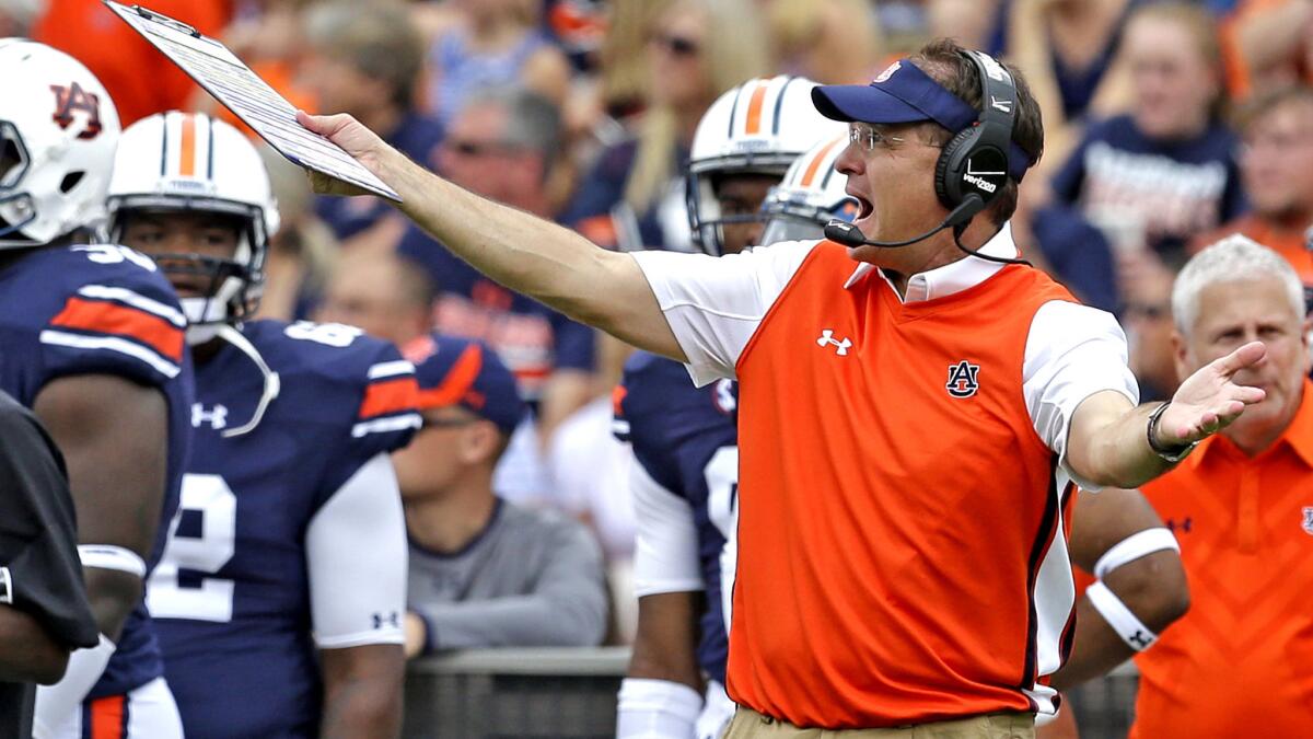 Auburn Coach Gus Malzahn reacts to a targeting call during the first half against Jacksonville State on Saturday.
