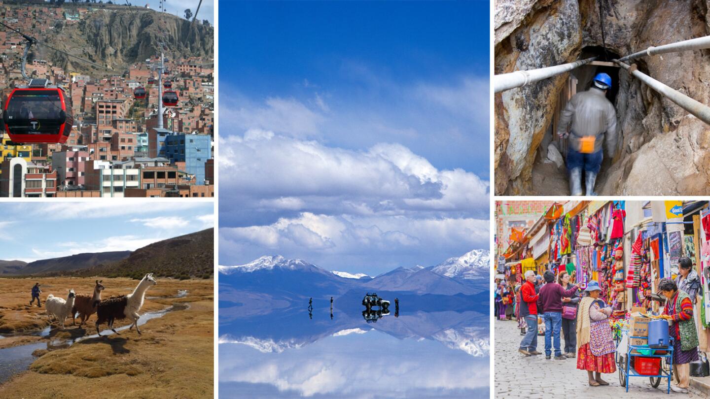 The sights in Bolivia include the colorful gondolas and markets of La Paz, top left and bottom right; the wildlife and salt flat of Salar de Uyuni,bottom left and center; and Potosi's silver-laden mine, Cerro rico, top right.