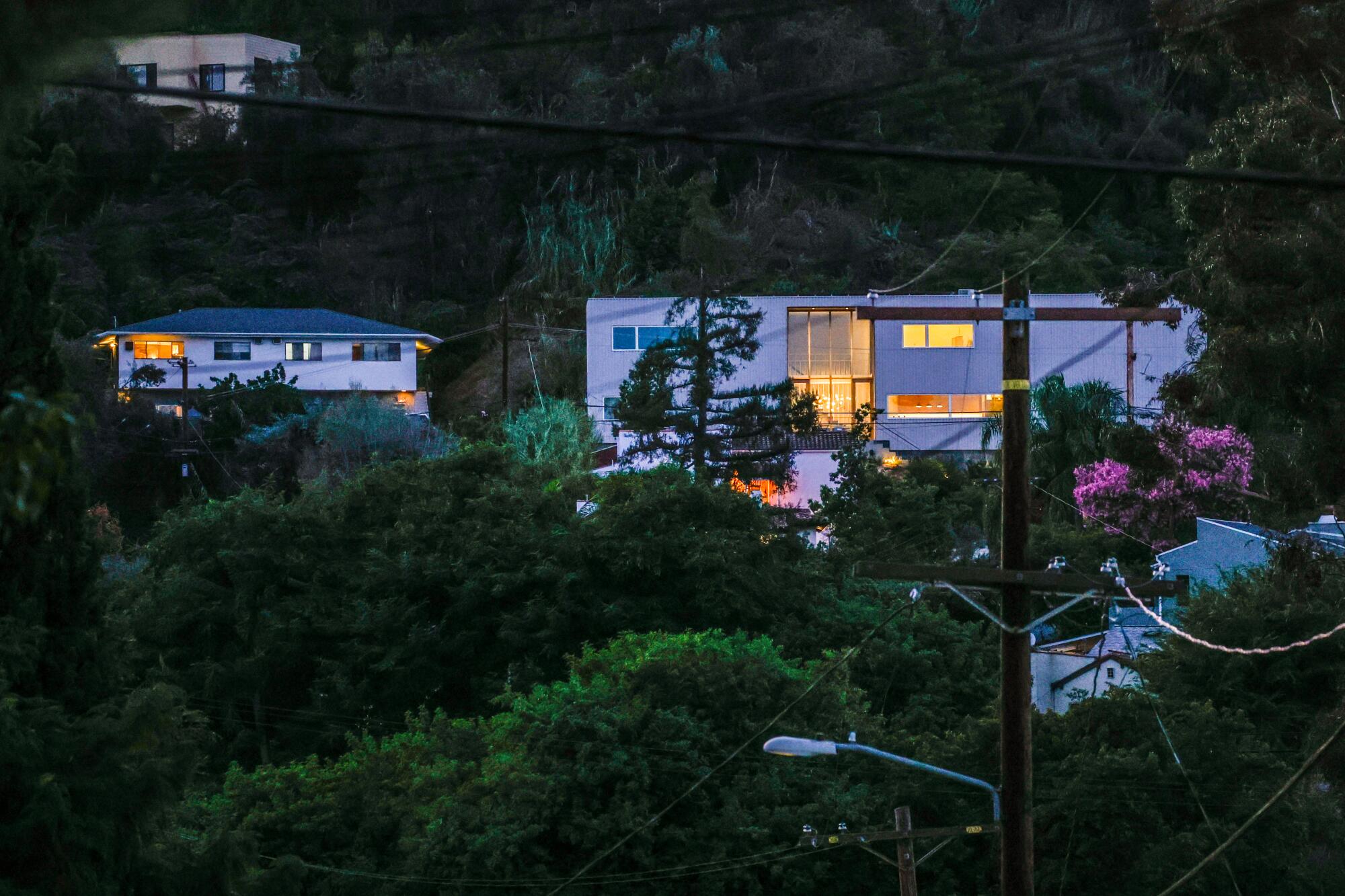 From a distance, a warm yellow light glows inside Simon Storey's home, surrounded by trees, at dusk.