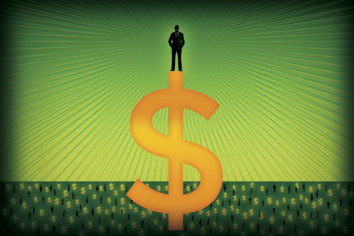 Illustration of a man in a suit standing on a big yellow dollar sign against a green background with smaller dollar signs.