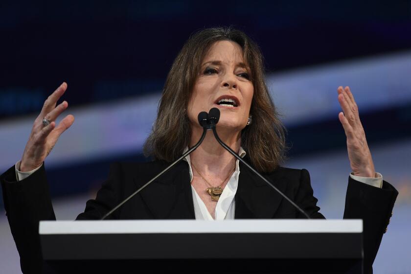 Democratic Presidential hopeful Marianne Williamson speaks at the California Democratic Party 2019 Fall Endorsing Convention in Long Beach, California on November 16, 2019. (Photo by Mark RALSTON / AFP) (Photo by MARK RALSTON/AFP via Getty Images)
