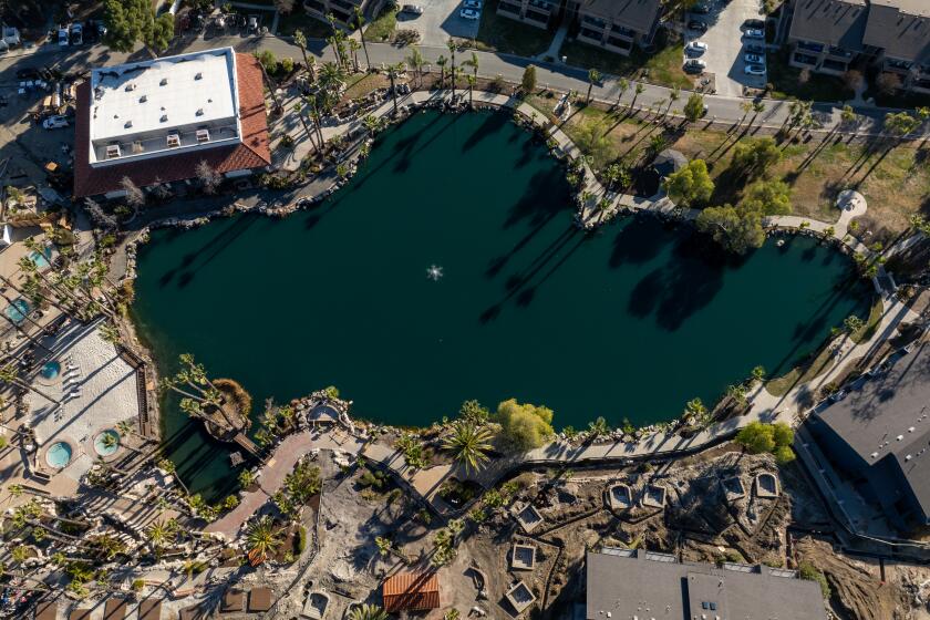 An aerial view of a lake at Murrieta Hot Springs Resort.