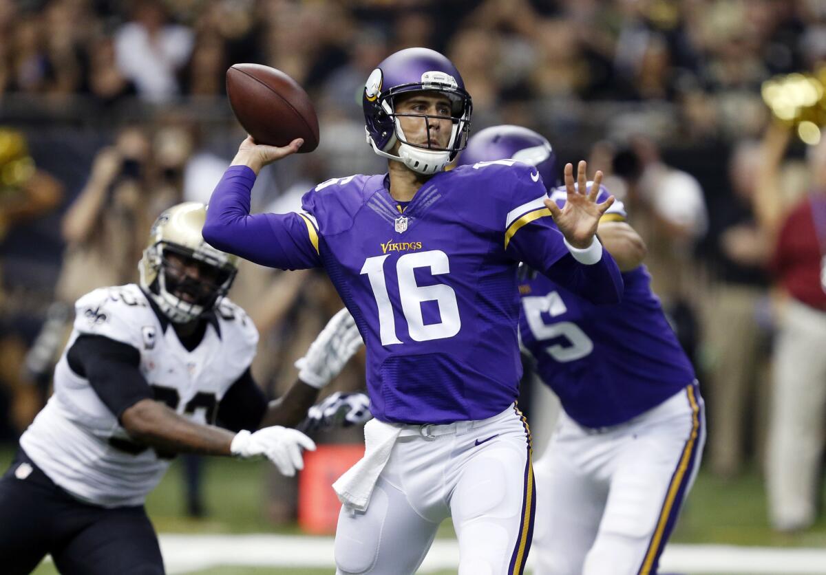 Minnesota Vikings quarterback Matt Cassel (16) makes a pass against the Saints during their game Sunday in New Orleans.