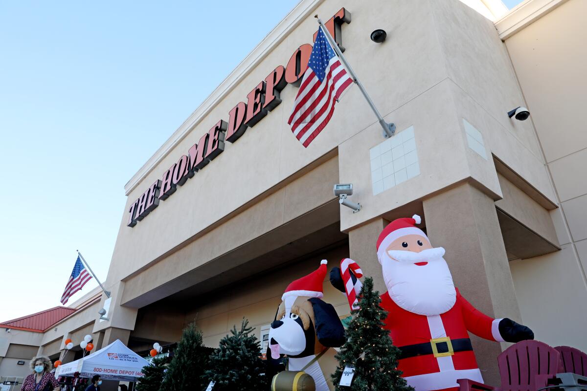 Christmas decorations are seen outside a Home Depot