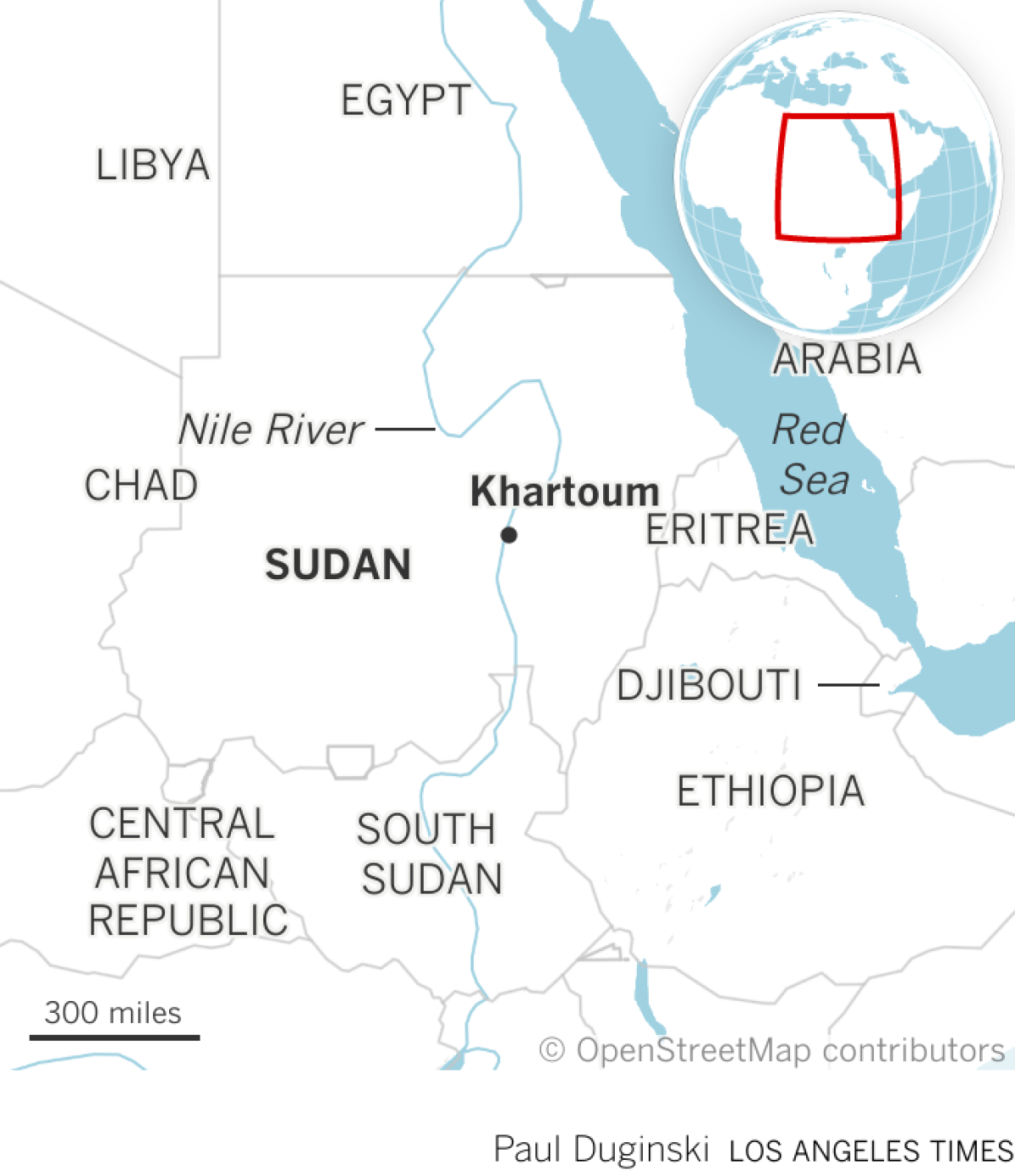 Locator map of Sudan and its capital city of Khartoum in relation to surrounding countries.