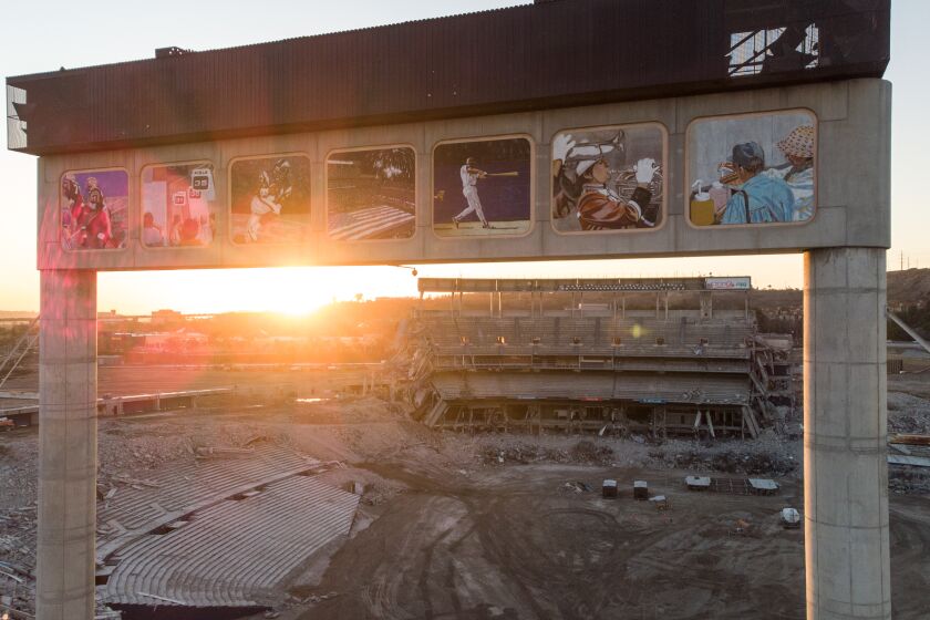 SAN DIEGO, CA - FEBRUARY 26: The sun sets over the final remains of the San Diego stadium on Friday, Feb. 26, 2021 in San Diego, CA. (Jarrod Valliere / The San Diego Union-Tribune)