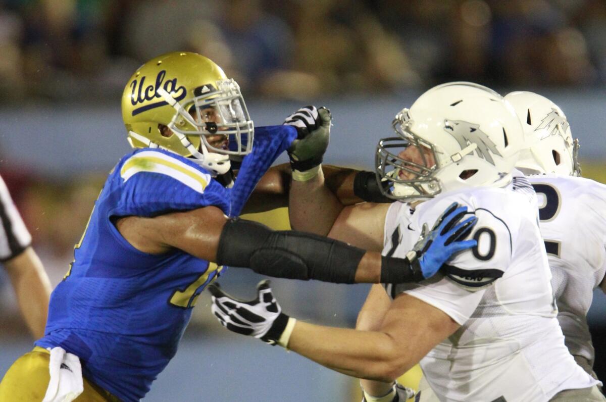 UCLA linebacker Anthony Barr, left, battles Nevada's Joel Bitonio during the Bruins' season-opening win. Barr is eager to play Cal following the Golden Bears' win over UCLA last year.