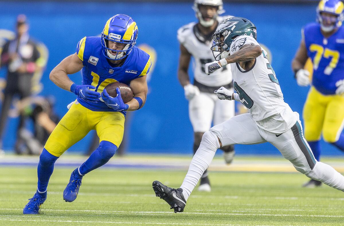 The Rams' Cooper Kupp runs in open field after making a reception against the Philadelphia Eagles. 