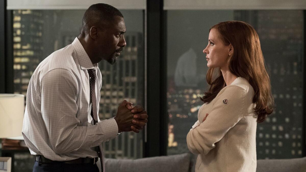 Charlie Jaffe (Idris Elba) and Molly Bloom (Jessica Chastain) in "Molly's Game."