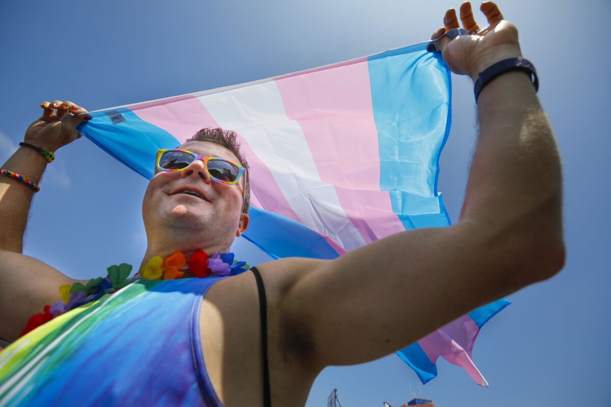 John David carries a transgender flag while walking in the annual San Diego Pride Parade in Hillcrest.
