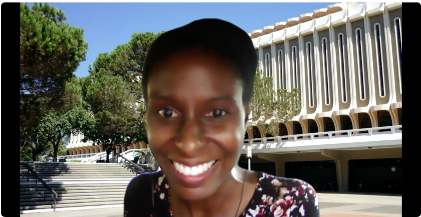 Krystal Tribbett speaks to students on Zoom.