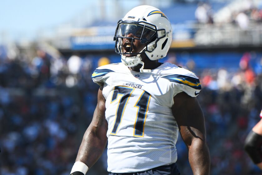 Chargers efensive tackle Damion Square #71 of the Los Angeles Chargers reacts in the game against the Kansas City Chiefs at StubHub Center on September 9, 2018 in Carson, California. (Photo by Harry How/Getty Images)