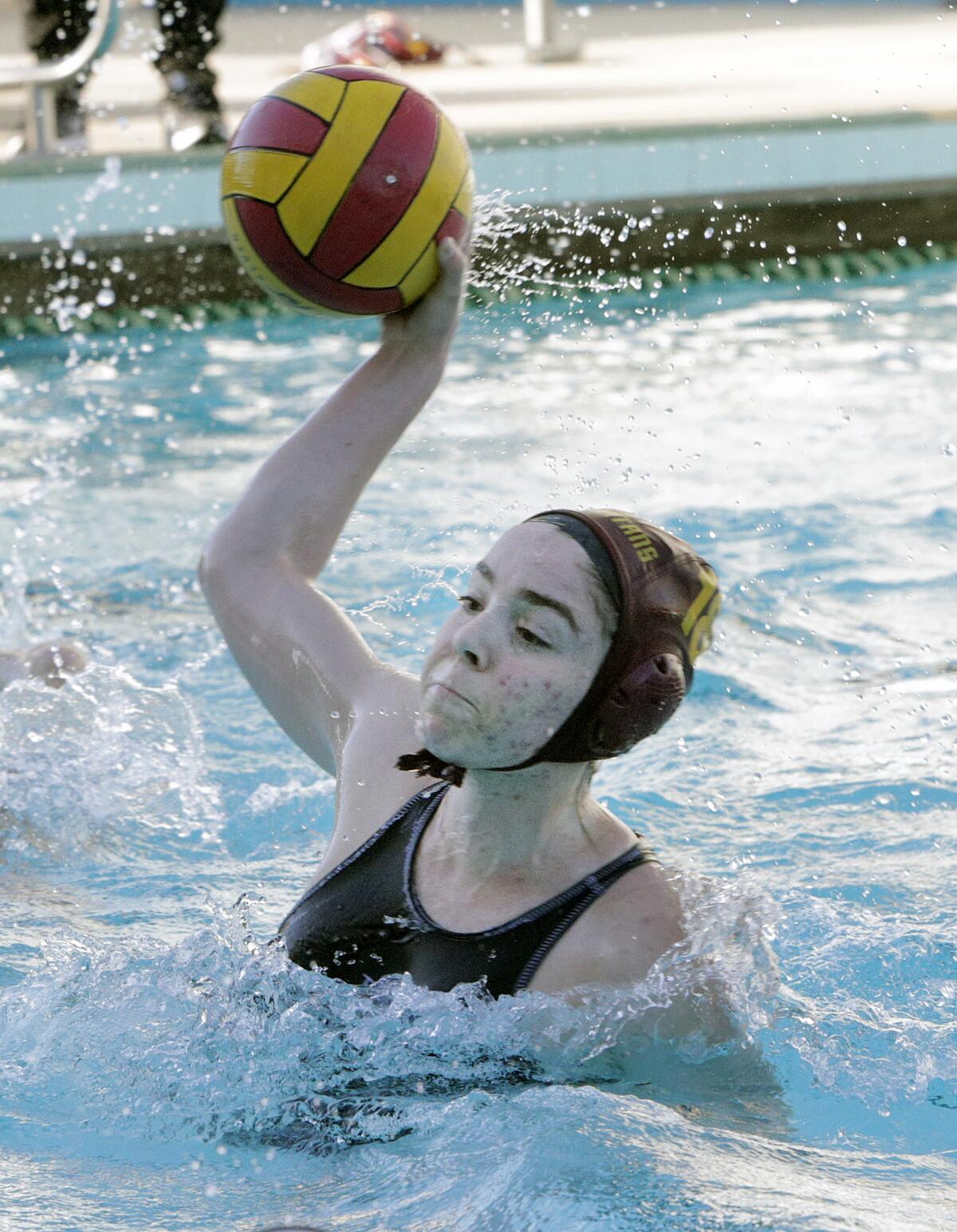 La Canada's Shelby Hovanesian takes an open shot in front of the Monrovia goal in a Rio Condo League girls' water polo game at La Canada High School on Thursday, January 23, 2020.