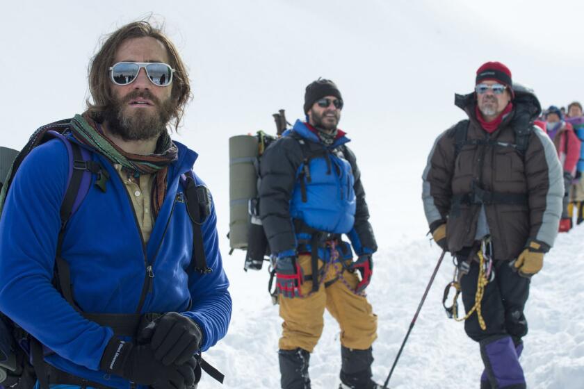 "Everest," which follows a tragic 1996 expedition on the world's highest mountain, has a top-flight ensemble cast that includes, from left, Jake Gyllenhaal, Michael Kelly and Josh Brolin.