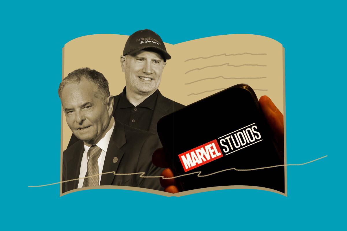 collage of book pages with Isaac “Ike” Perlmutter, Kevin Feige, and a phone displaying the Marvel Studios logo
