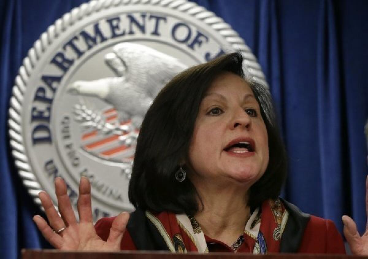 U.S. Atty. Carmen Ortiz at a news conference in Boston on Thursday regarding her office's case against internet freedom activist Aaron Swartz.