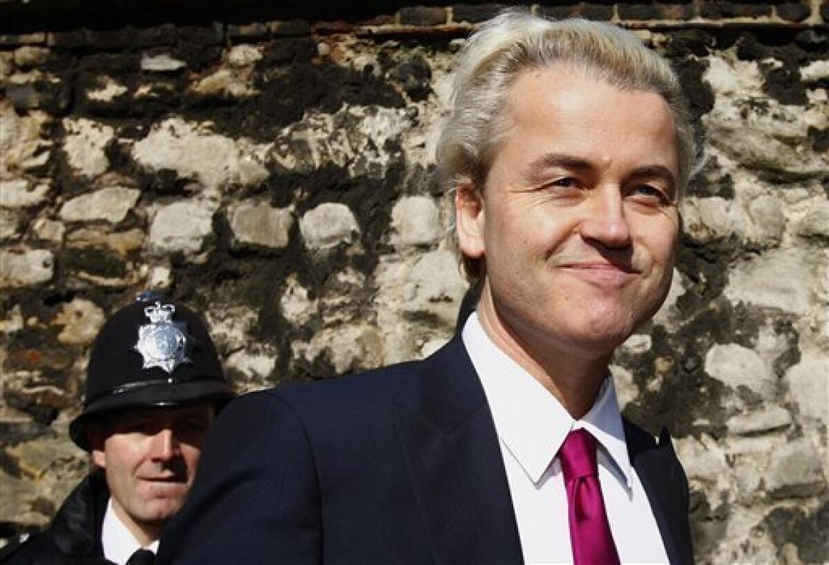 Controversial Dutch politician Geert Wilders arrives for a press conference in London, Friday, March 5, 2010. (AP Photo/Kirsty Wigglesworth)