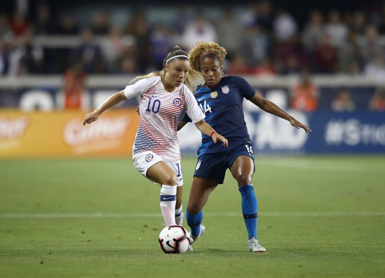 SAN JOSE, CA - SEPTEMBER 04: Yanara Aedo of Chile tries to keep the ball away from Casey Short of the United States during their match at Avaya Stadium on September 4, 2018 in San Jose, California. (Photo by Ezra Shaw/Getty Images) ** OUTS - ELSENT, FPG, CM - OUTS * NM, PH, VA if sourced by CT, LA or MoD **
