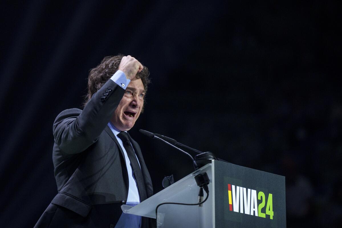 Argentina's president Javier Milei gestures as he delivers a speech.