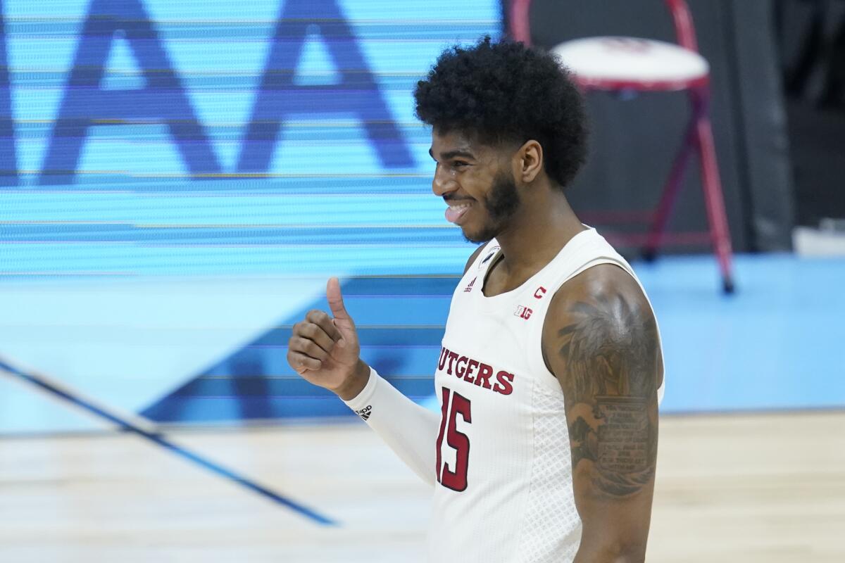 Rutgers' Myles Johnson (15) reacts during the second half of an NCAA college basketball game.