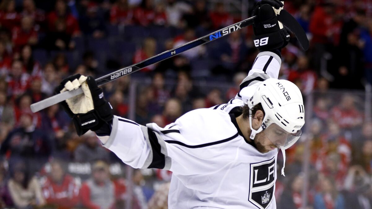 Kings center Anze Kopitar stretches during the third period of a 3-1 loss to the Capitals on Tuesday.