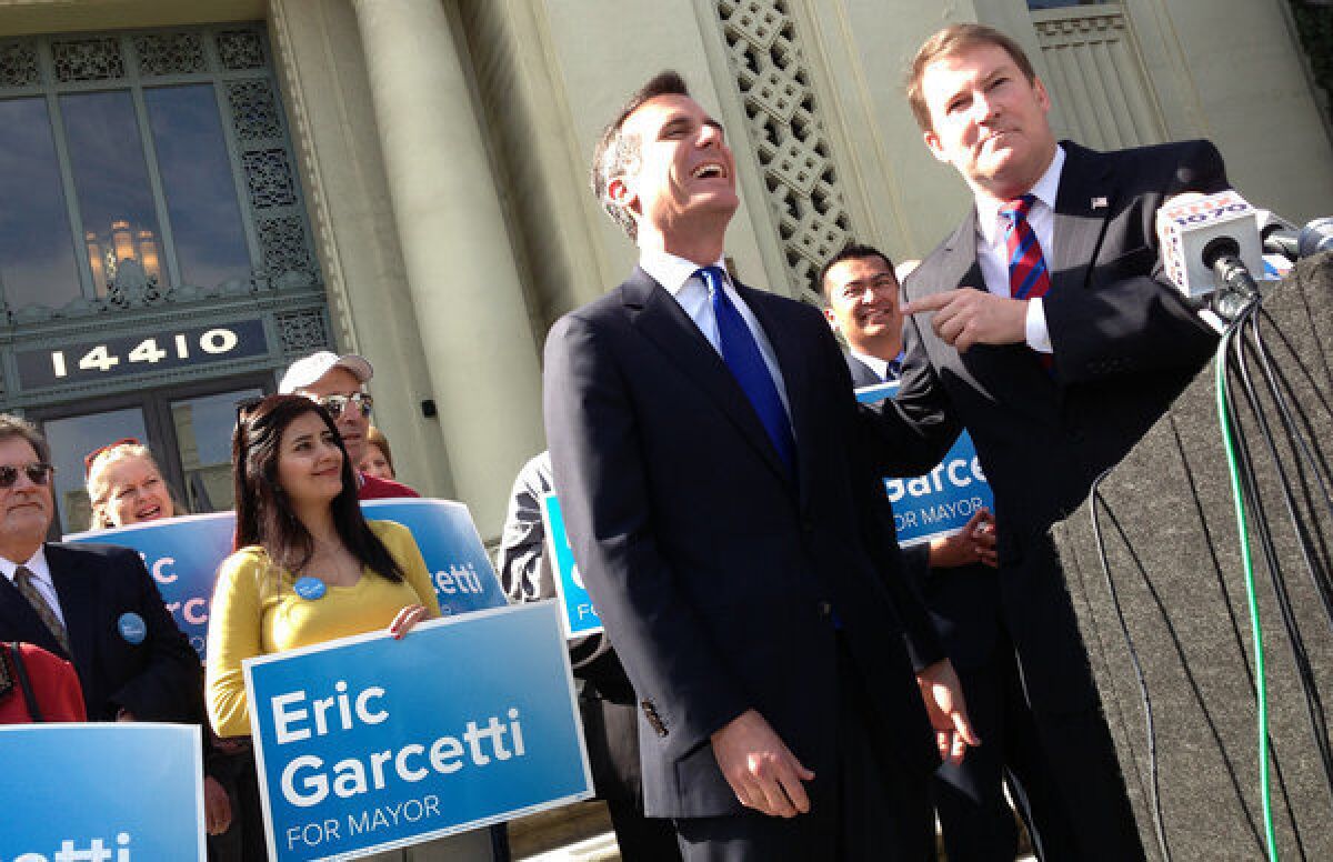 Kevin James endorses Los Angeles mayoral candidate Eric Garcetti in front of Van Nuys City Hall. The city councilman now has the backing of every major candidate who finished behind him and City Controller Wendy Greuel in the Los Angeles mayoral primary.