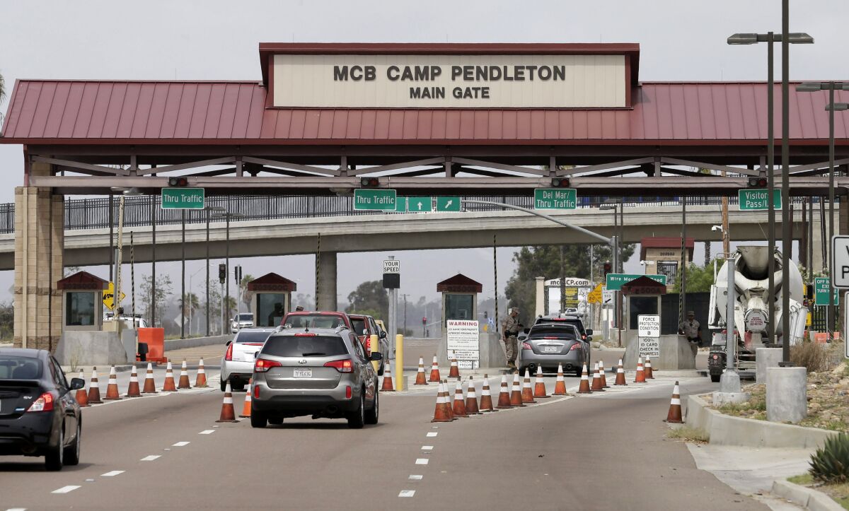 The entrance to Marine Corps base Camp Pendleton is seen Tuesday, Sept. 22, 2015, in Oceanside, Calif.