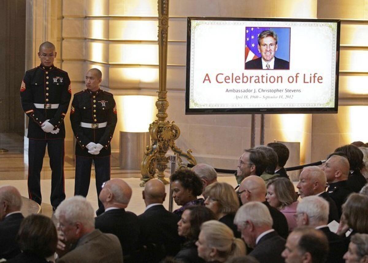 A Marine honor guard stands during a memorial service for slain U.S. Ambassador J. Christopher Stevens in the rotunda of City Hall in San Francisco.