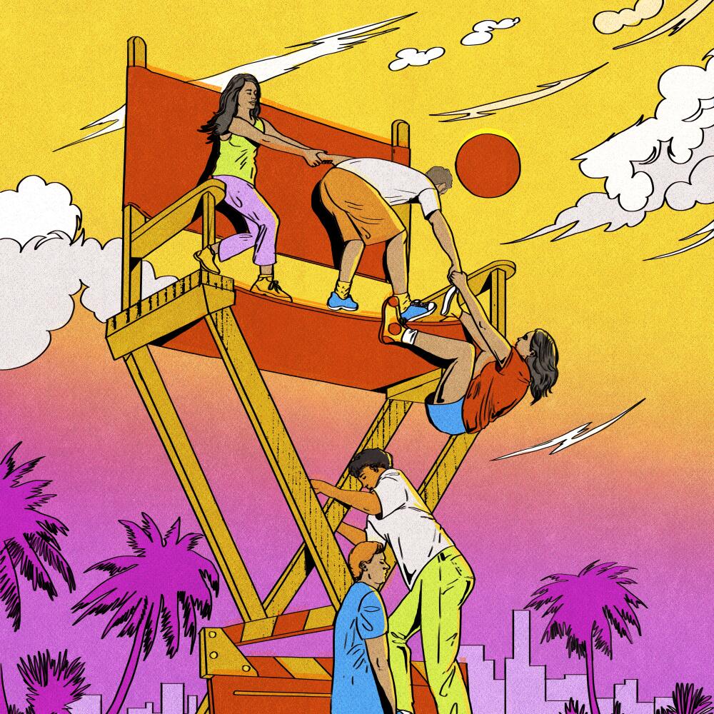 An illustration of people climbing a giant director's chair, with palm trees and a sunset-colored sky behind them