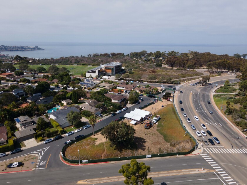 An aerial view shows the groundbreaking celebration for the Beverly and Joseph Glickman Hillel Center in La Jolla.