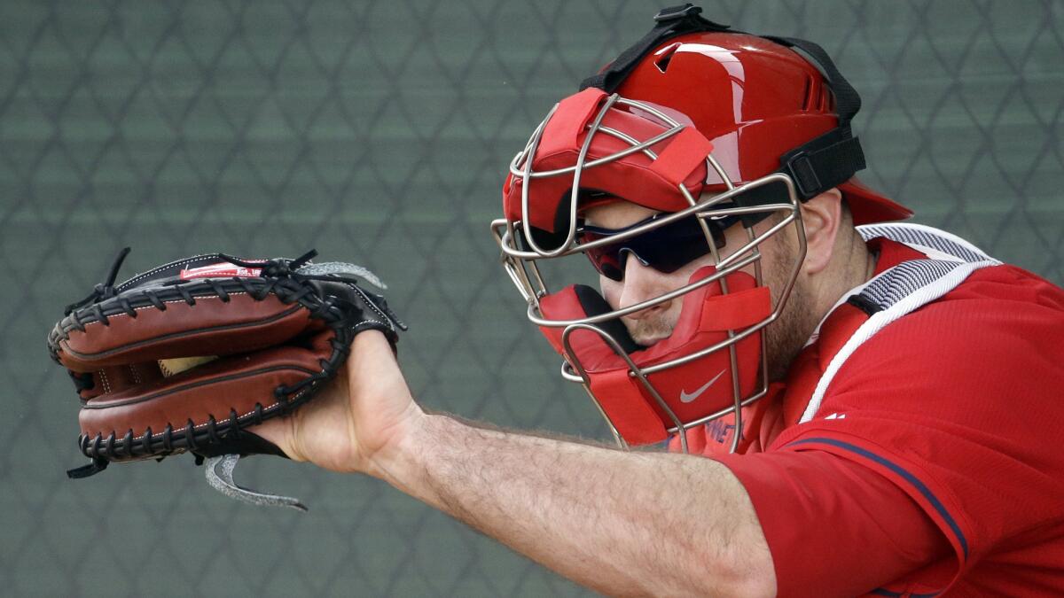 Angels catcher Chris Iannetta takes part in a spring training workout session on Feb. 20, 2015.