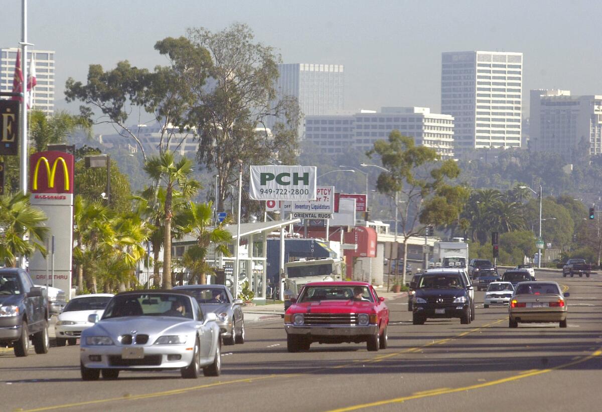 Traffic travels along the roughly 1-mile section of West Coast Highway in Newport Beach known as Mariner's Mile.