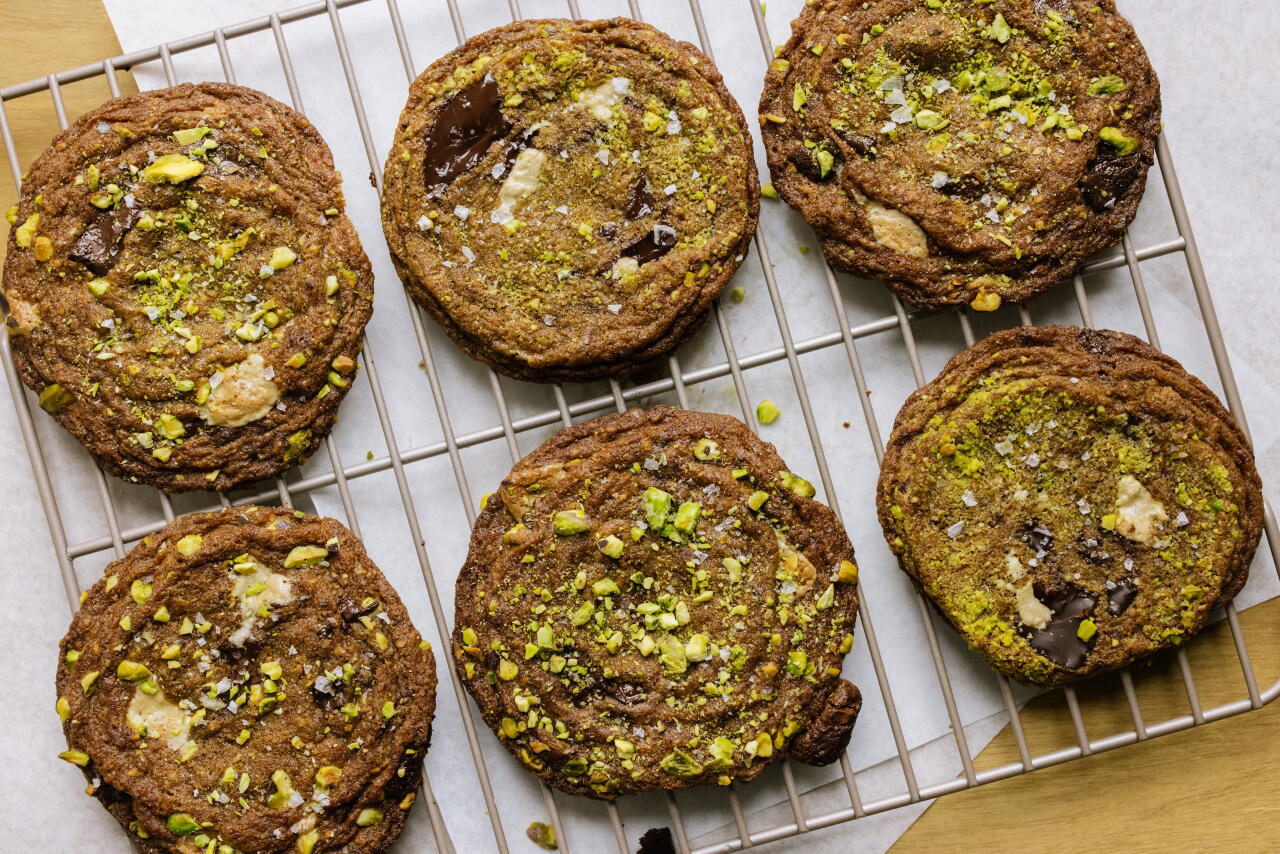 Pistachio brown butter & halva chocolate chunk cookies