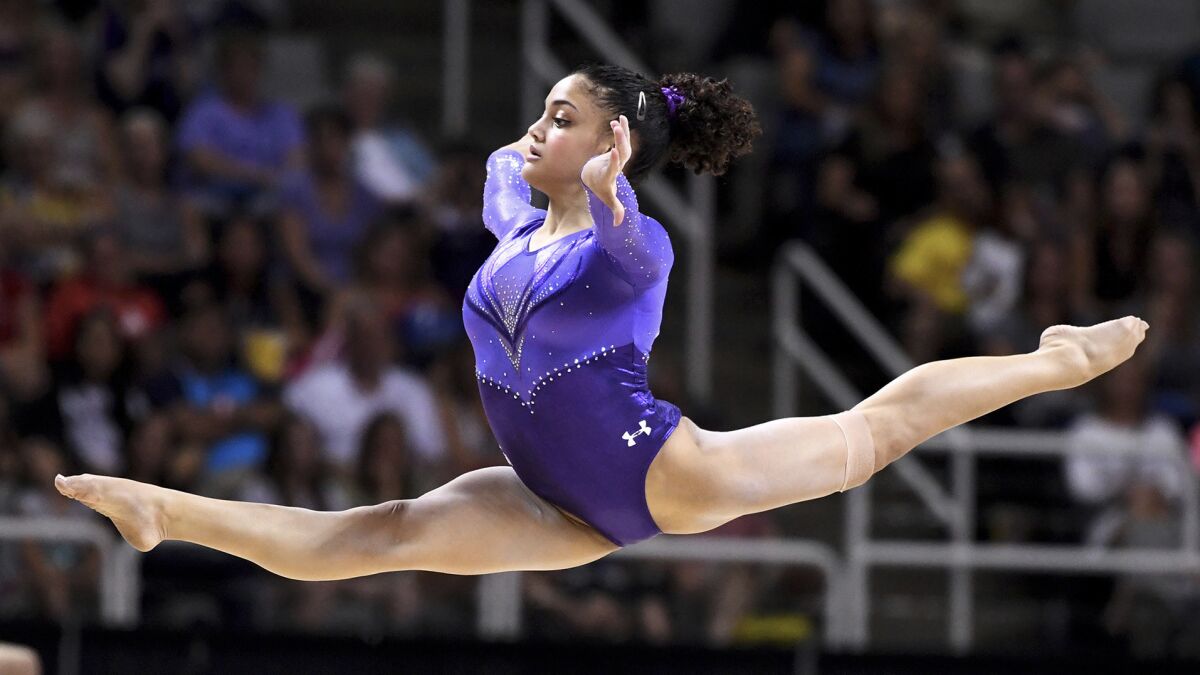 Laurie Hernandez competes in the floor exercise during the women's U.S. Olympic gymnastics trials in San Jose on July 8.