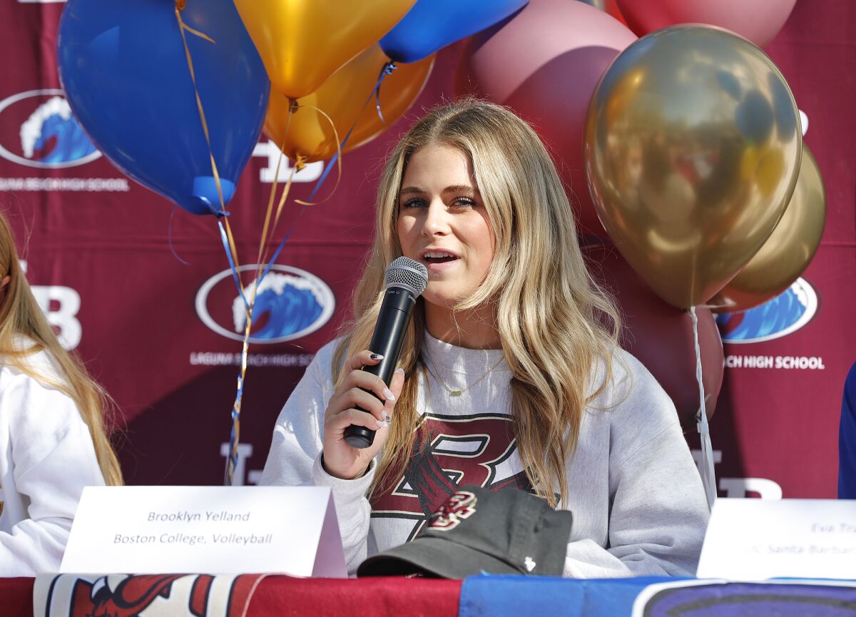 Volleyball player Brooklyn Yelland, a Boston College commit, introduces herself at a signing day ceremony in Laguna Beach.