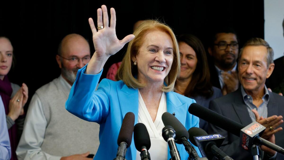 Jenny Durkan announces her candidacy for mayor of Seattle in May. Durkan is the front-runner in the race to succeed Ed Murray, according to recent polls.