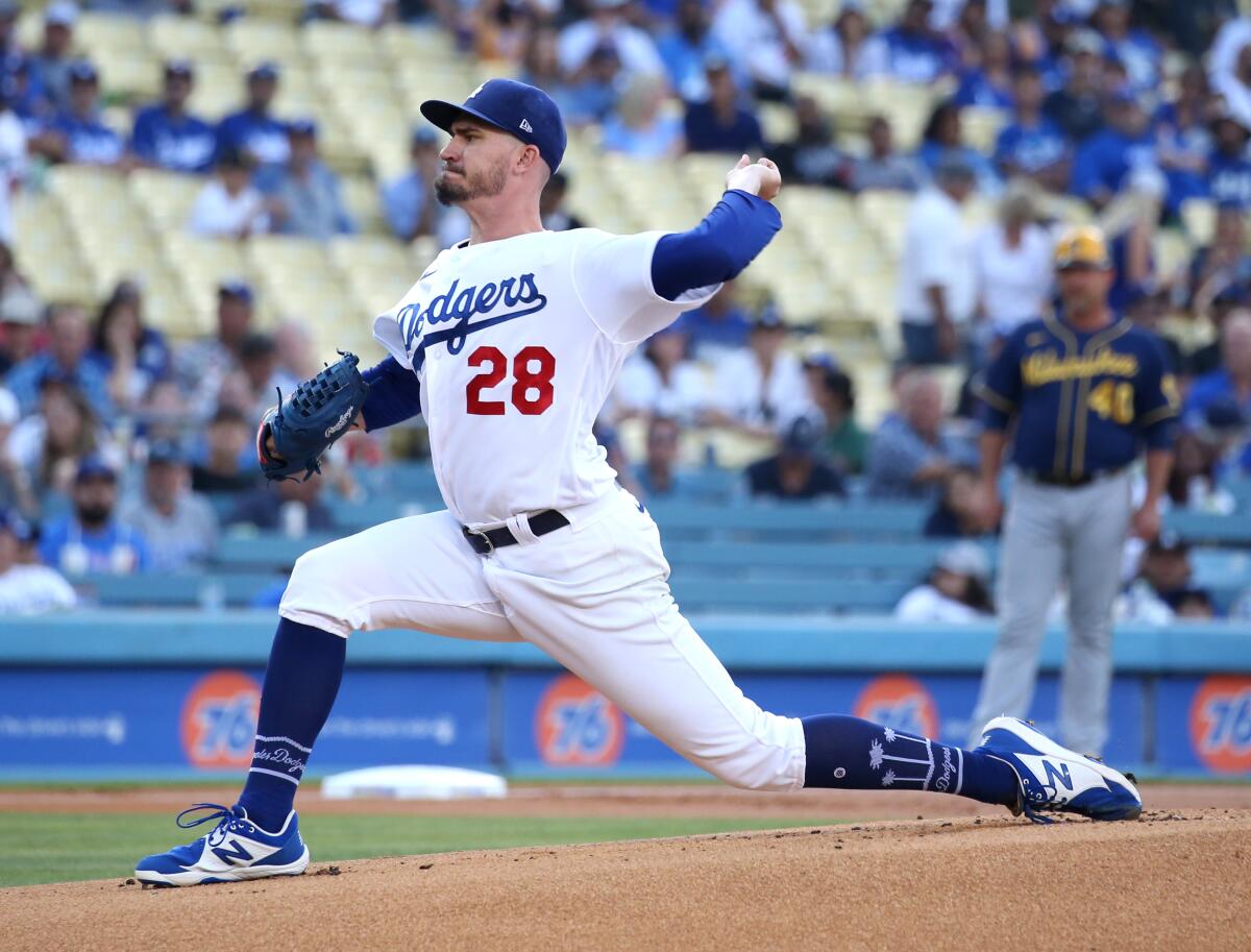 Andrew Heaney pitched six strong innings for the Dodgers against the Brewers on Wednesday.