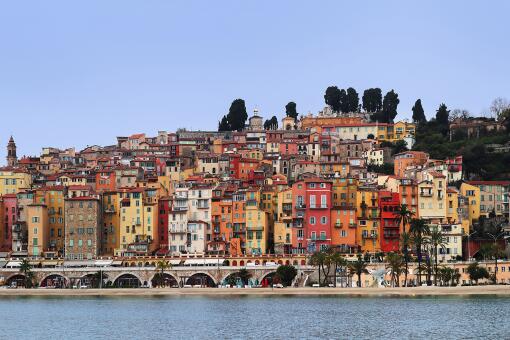 A photo of a view of the city center of Menton on the C?te d'Azur in France.