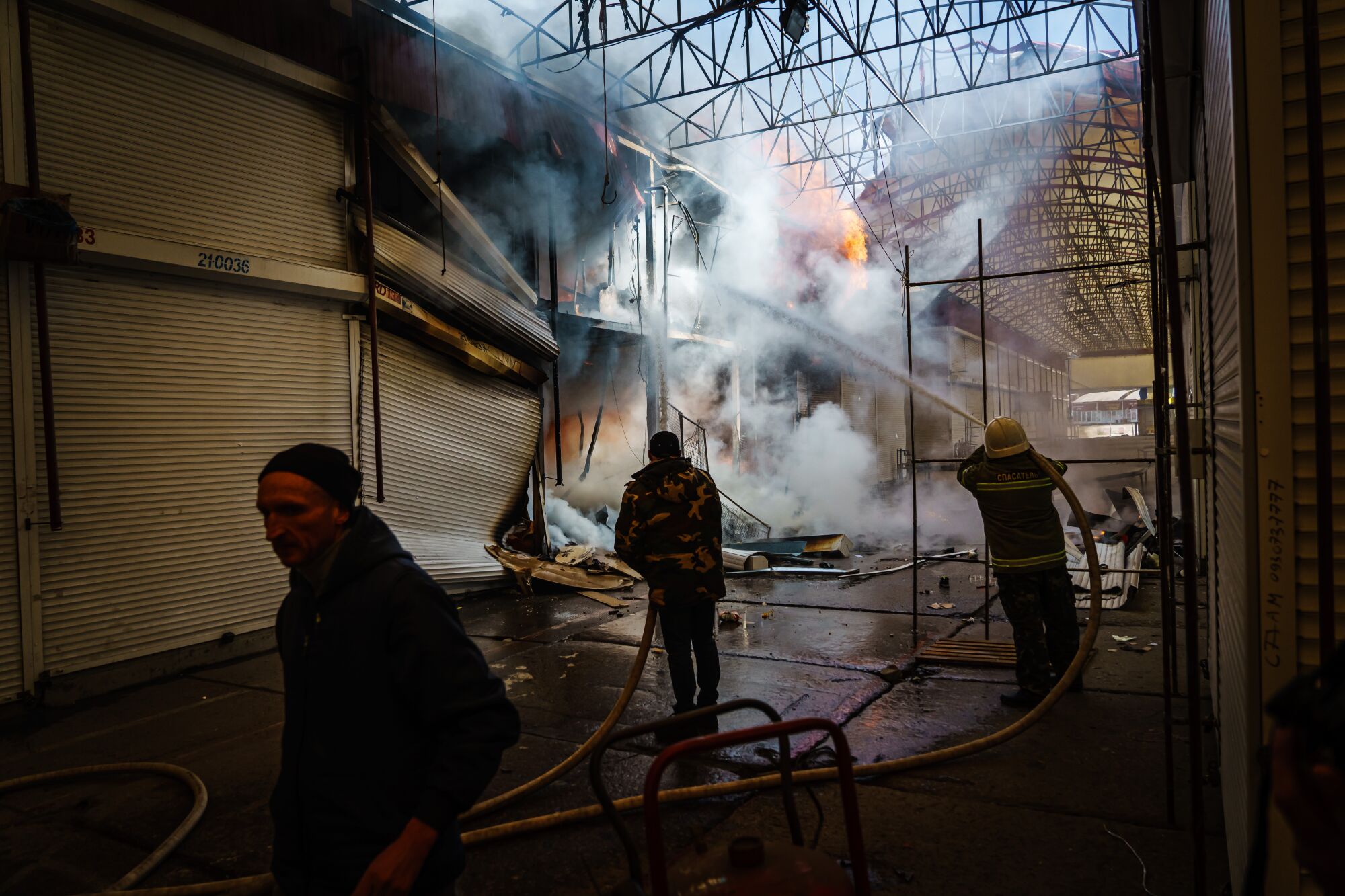 Firefighters in a burning building