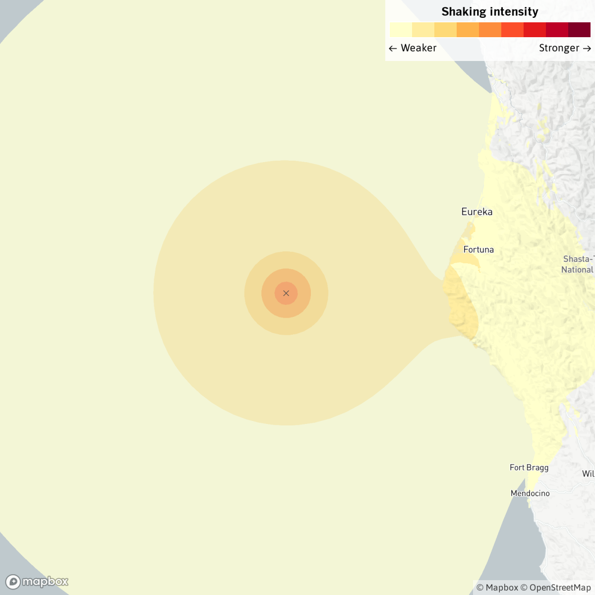 Color-coded map showing shaking intensity emanating out from the earthquake epicenter in the ocean off Northern California.