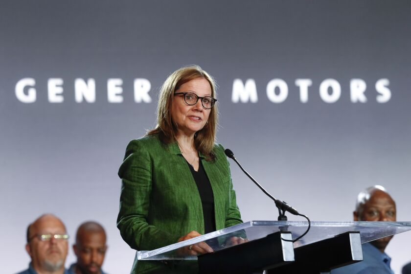 FILE - Chief Executive Officer Mary Barra speaks during the opening of contract talks with the United Auto Workers on July 16, 2019, in Detroit. Barra was the second highest paid woman CEO in a survey done by AP and Equilar. She received a base salary of $2.1 million, a $6.3 million performance-based bonus, $1.1 million in perks and $19.5 million in stock and option awards, for a total pay package of $29 million. (AP Photo/Paul Sancya, File)