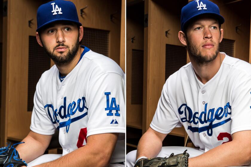 Dodgers pitcher Mike Bolsinger, left, and Clayton Kershaw were once opponents in high school and teammates on an amatuer team.