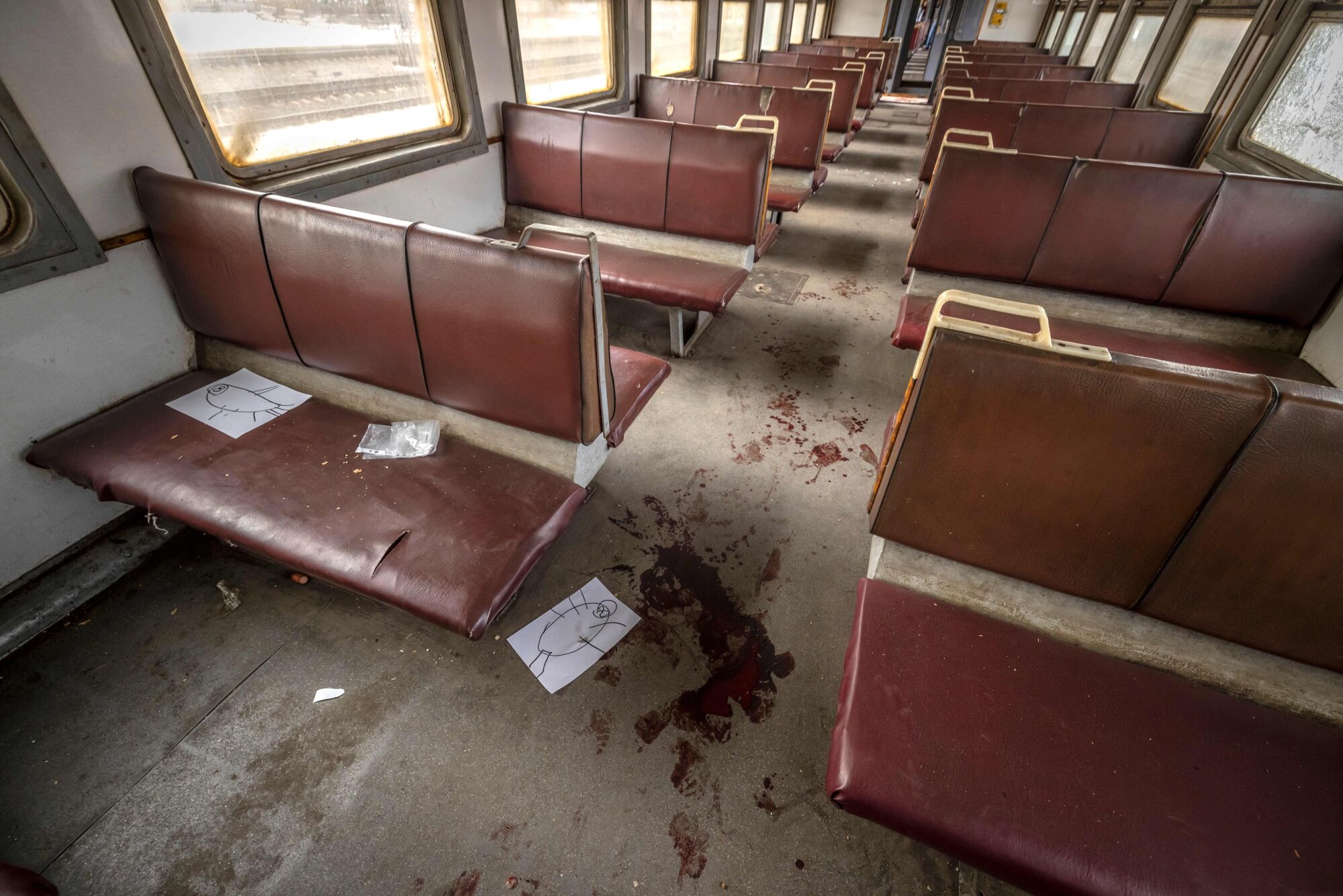 Splatters of blood in a train car