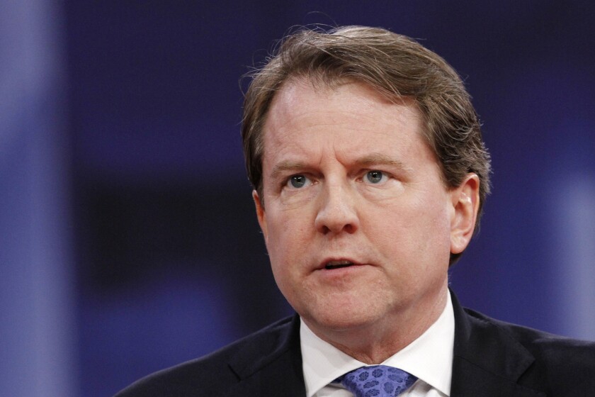 In this Feb. 22, 2018, photo, White House counsel Don McGahn speaks at the Conservative Political Action Conference, at National Harbor, Md.