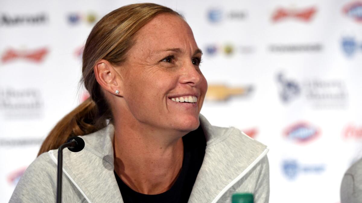 Christie Rampone answers questions during the U.S. women's soccer team's media day before the Women's World Cup on May 27 in New York.